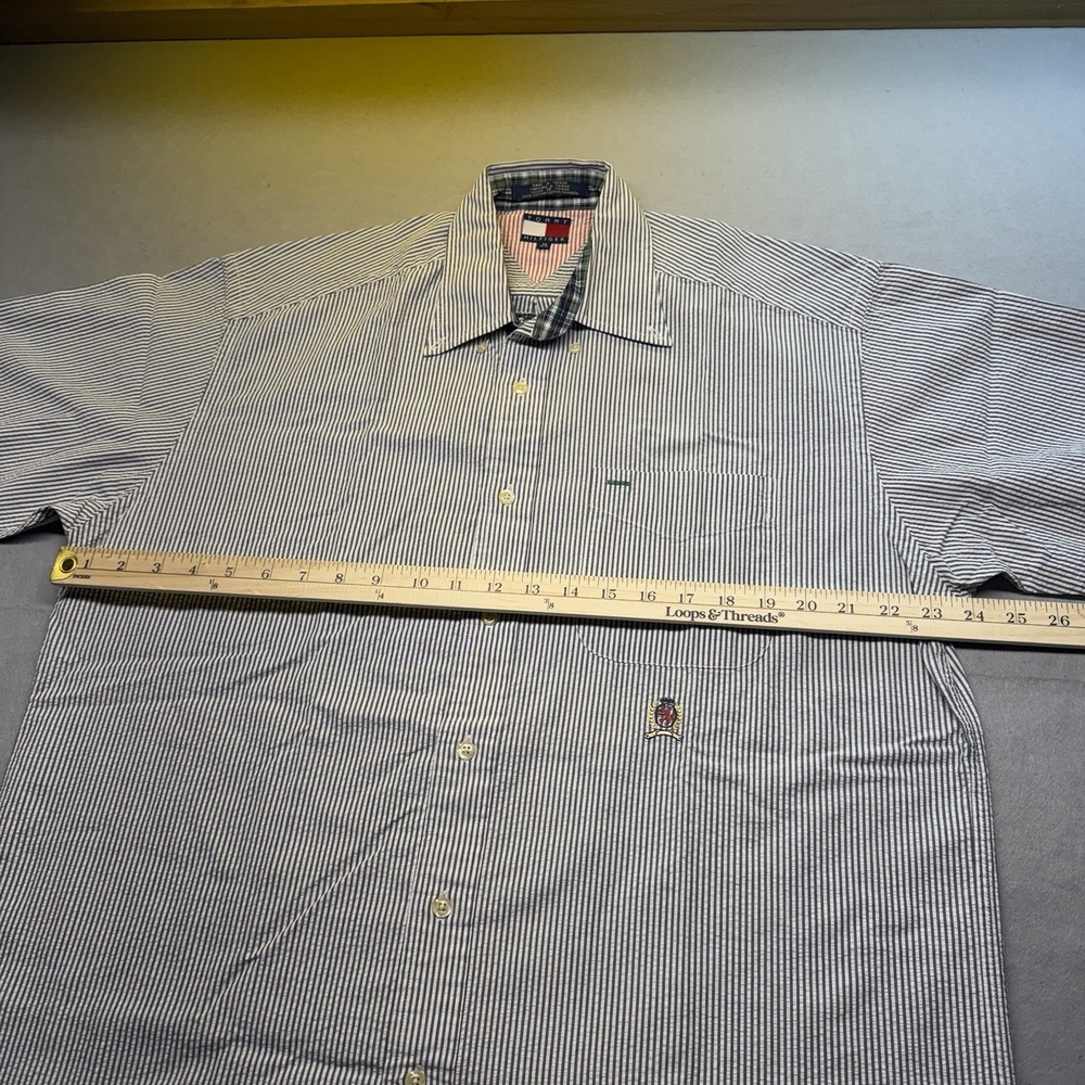 Tommy Hilfiger Men's M Blue/White Striped Short Sleeve Button-Up, Pockets - Picture 6 of 9